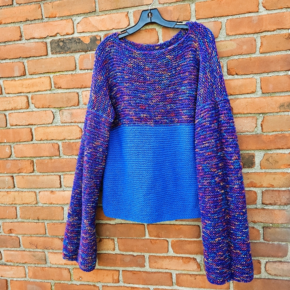VTG 70s Multicolor Crochet Knit Slouchy Sweater L/XL | Long Sleeve Acrylic Shimm